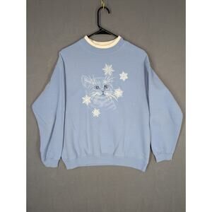 VTG 90s Sweatshirt Womens Blue L/XL Cat Kitten Snowflakes Sequins